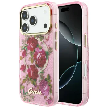 Чехол Guess IML Glitter Blossom Roses для iPhone 17 Pro / 18 Pro, розовый
