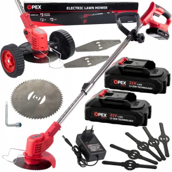 Akumulatora zāliena trimmeris OPEX TOOLS OPX28025, 21V, 2x 1.5 Ah, ar riteņiem, sarkans/melns