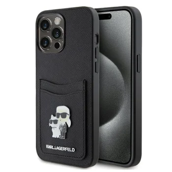 Karl Lagerfeld Saffiano Cardslot vāciņš iPhone 15 Pro Max, melns