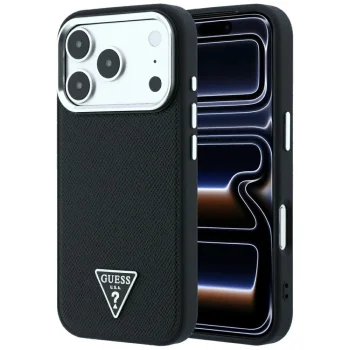 Guess Grained Triangle Logo MagSafe vāciņš iPhone 17 Pro / 18 Pro, melns