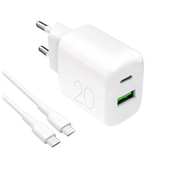 Puro PROLITE 20W USB-A / USB-C tīkla lādētājs + kabelis 1.2m, balts