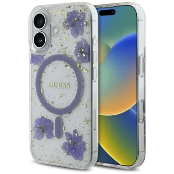 Guess Resin Flowers Glitter MagSafe vāciņš Apple iPhone 16, violets
