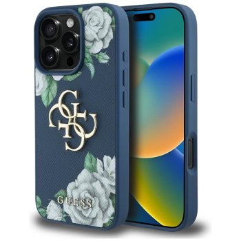 Guess iPhone 16 Pro Max Case Grained Roses Big 4G Logo, Blue