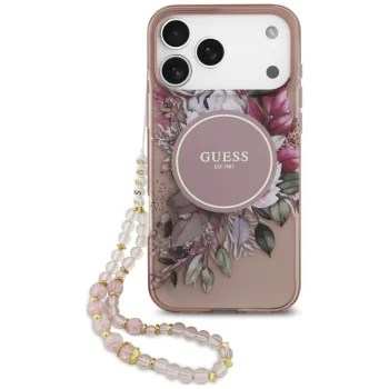 Guess IML Flowers Pearl Strap MagSafe ümbris iPhone 18 Pro Max / 17 Pro Max, roosa