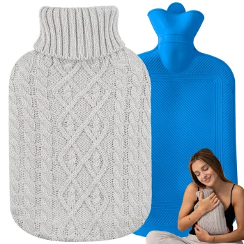 Liels gumijas termofors ar adīta pārvalku, 2L, pelēks