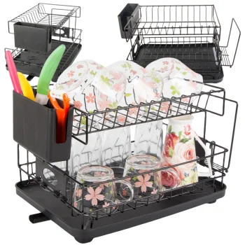 Two-Tier Dish Drying Rack with Drip Tray, Black