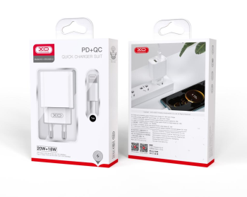 XO CE02A Wall Charger 20W USB + USB Type C + Charging Data Cable ( Type C to Apple Lightning ) 3A, White