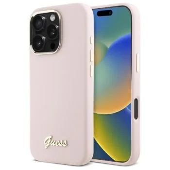 Чехол Guess для iPhone 16 Pro Max Silicone Script Metal Logo & Frame, розовый