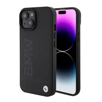 BMW iPhone 15 vāciņš Leather Hot Stamp MagSafe, melns