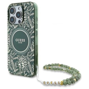Guess iPhone 16 Pro Max vāciņš IML Flowers Allover Electro ar pērļu siksniņu, zaļš