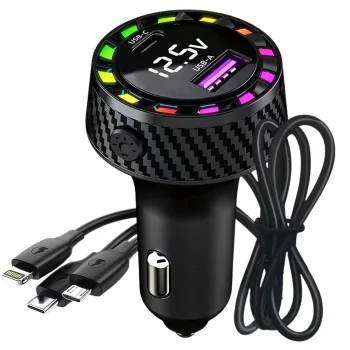 Automašīnas lādētājs USB-C 15W + USB-A 15W ar 3-in-1 kabeli un displeju, melns