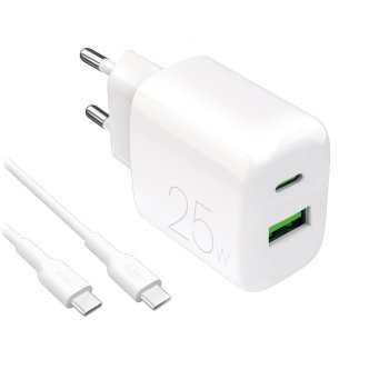 Puro PROLITE 25W USB-A / USB-C sienas lādētājs + USB-C – USB-C kabelis 1,2 m – balts