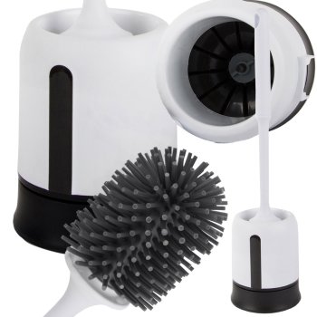 Silicone toilet brush with holder, leakproof base, white-black