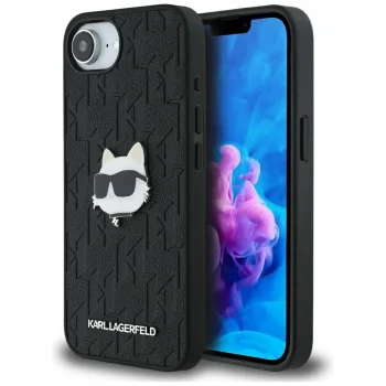 Karl Lagerfeld Monogram Choupette Head Pin iPhone 16e vāciņš, melns