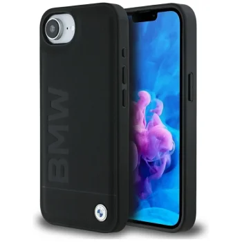 BMW Leather Hot Stamp vāciņš iPhone 16e, melns