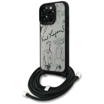Karl Lagerfeld iPhone 16 Pro Max vāciņš Crossbody Grained Pattern & Logo, pelēks