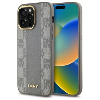 DKNY iPhone 14 Pro Max vāciņš Leather Checkered Mono Pattern MagSafe, bēšs