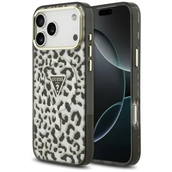 Чехол Guess IML Leopard Glitter Triangle MagSafe для iPhone 17/18 Pro Max, черный