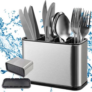 Stainless Steel Cutlery Drainer, Kitchen Utensil Organizer with 4 Compartments, Silver-Black