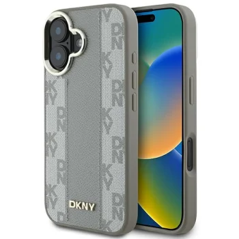 Чехол DKNY для iPhone 16 Leather Checkered Mono Pattern MagSafe, бежевый