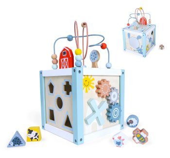 Wooden activity cube sorter ECOTOYS 20x20 cm with maze and gears