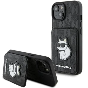 Apple iPhone 15 6.1" Karl Lagerfeld Saffiano Cardslots and Stand Monogram Choupette Case Cover, Black | Чехол...