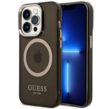 Apple iPhone 14 Pro Max 6.7'' Guess Gold Outline Translucent MagSafe Case Cover (GUHMP14XHTCMK), Black