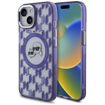 Чехол Karl Lagerfeld для iPhone 15 IML Monogram Karl & Choupette MagSafe, фиолетовый