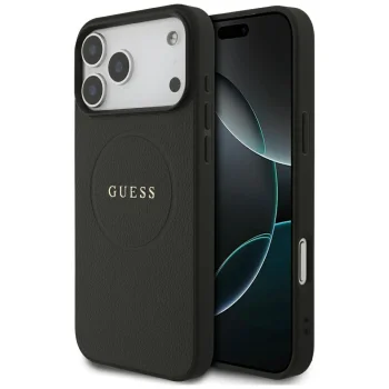 Guess Grained Gold Ring MagSafe vāciņš iPhone 18 Pro Max / 17 Pro Max, melns