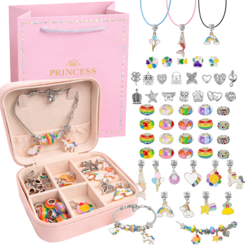 Kids Charm Bracelet and Necklace Making Kit with Jewelry Box, Multicolor