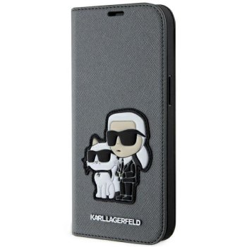 Karl Lagerfeld iPhone 14 atverams vāciņš maciņš grāmatiņa Saffiano Karl & Choupette, sudraba