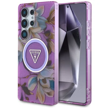 Guess Glitter Flowers MagSafe Case for Samsung Galaxy S25 Ultra, Purple