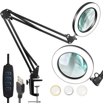 LED Magnifying Lamp with Clamp, Adjustable Desk Light, Black