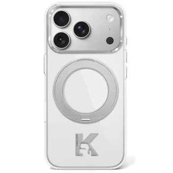 Karl Lagerfeld IML Ring Stand 360 Kameo Metal MagSafe vāciņš iPhone 17/18 Pro Max, caurspīdīgs