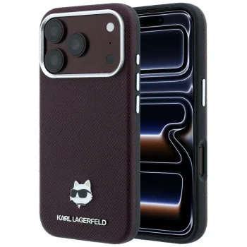 Чехол Karl Lagerfeld Grained Choupette Head Metal MagSafe для iPhone 17 Pro / 18 Pro, бордо