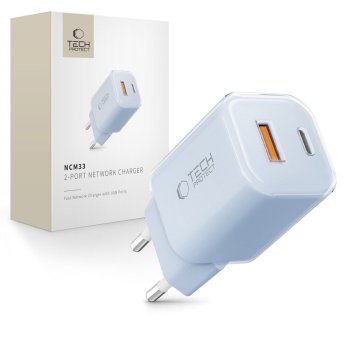 Tech-Protect NCM33W 2-portu PD33W/QC3.0 sienas lādētājs – zils