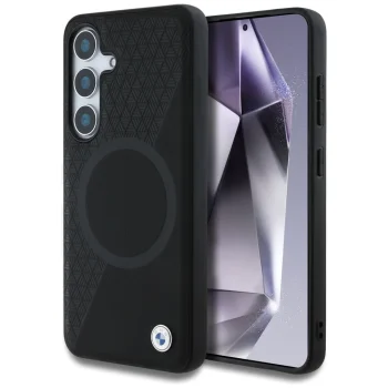 BMW Leather Half Textured MagSafe vāciņš priekš Samsung Galaxy S25, melns