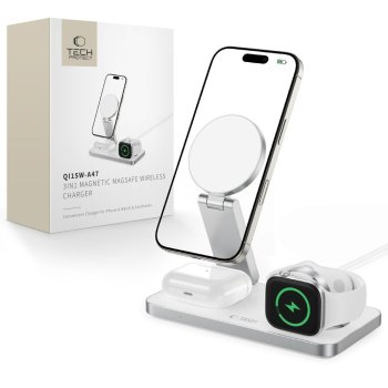 Tech-Protect QI15W-A47 MagSafe 3in1 induktīvā lādētāja stacija + USB-C kabelis – balts
