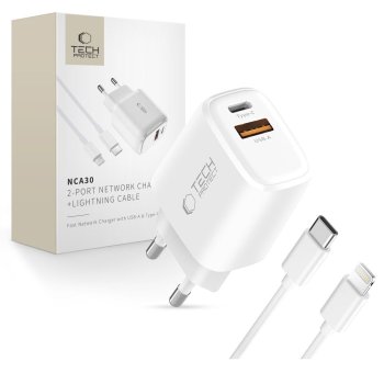 Tech-Protect NCA30 PD 30W QC3.0 USB-A / USB-C sienas lādētājs + USB-C / Lightning kabelis 100 cm – balts