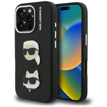 Karl Lagerfeld FW Grained Karl & Choupette Heads Pins Case for iPhone 16 Pro Max, Black