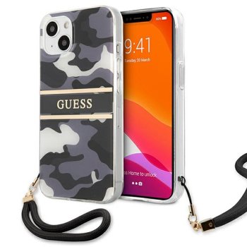 Guess iPhone 13 mini vāciņš Camouflage Strap Melns