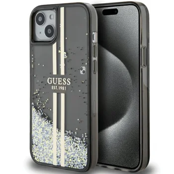 Чехол Guess для iPhone 15 Plus / 14 Plus Liquid Glitter Gold Stripes, черный