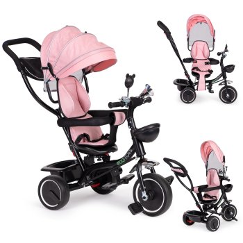 ECOTOYS 4-in-1 Toddler Tricycle with Rotating Seat and Push Handle, Pink