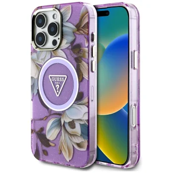 Guess Glitter Flowers Triangle Buttons MagSafe vāciņš ar MagSafe iPhone 16 Pro Max, violets | Phone Case Cover