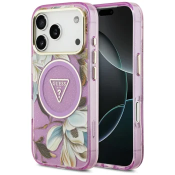 Чехол Guess IML Glitter Flowers Triangle MagSafe для iPhone 17 Pro / 18 Pro, фиолетовый