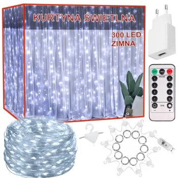 Iekštelpu gaismas aizkars 300 LED ar tālvadības pulti, vēsā baltā, 3x2.9m
