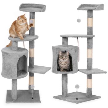 Kaķu koks Petsi 110 cm, nagu asināmais stabs ar māju un guļvietu, pelēks