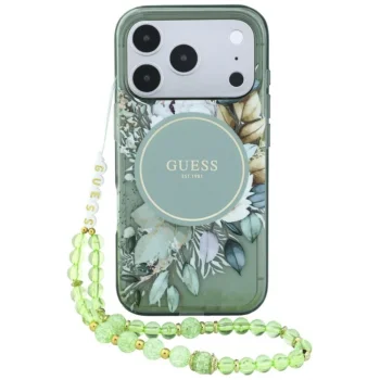 Guess IML Flowers Pearl Strap MagSafe ümbris iPhone 18 Pro Max / 17 Pro Max, roheline