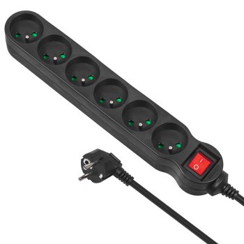 Maclean MCE225 pagarinātājs, 6 ligzdas, ar slēdzi, 1.5m, 2300W, melns
