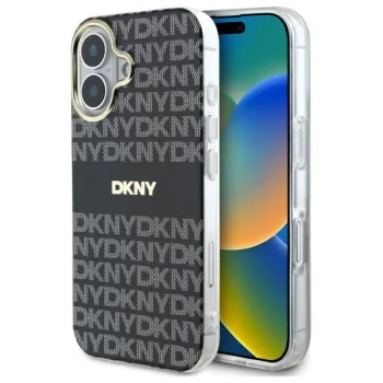 DKNY Repeat Texture Pattern With Stripe iPhone 16 Case with MagSafe - Black